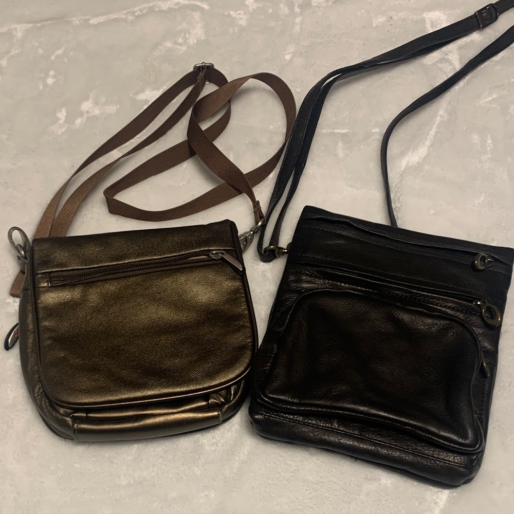 Two small purses! Bronze Travelon and black leather like cross body